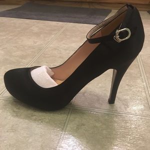 Black satin ankle strap stilettos